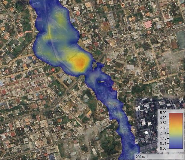 Carte des hauteurs d'eau et zones de submersion à la Riviera Palmeraie (HEC-RAS 2D)